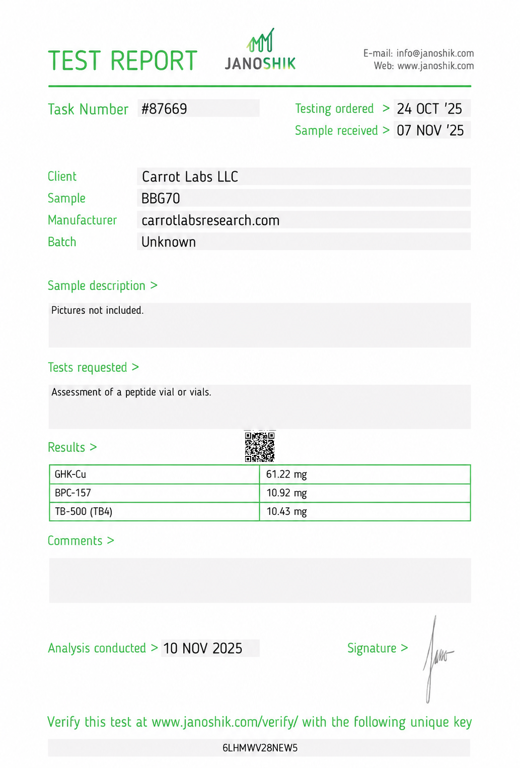 BPC-157 + TB-500 + GHK-Cu 70mg Certificate of Analysis